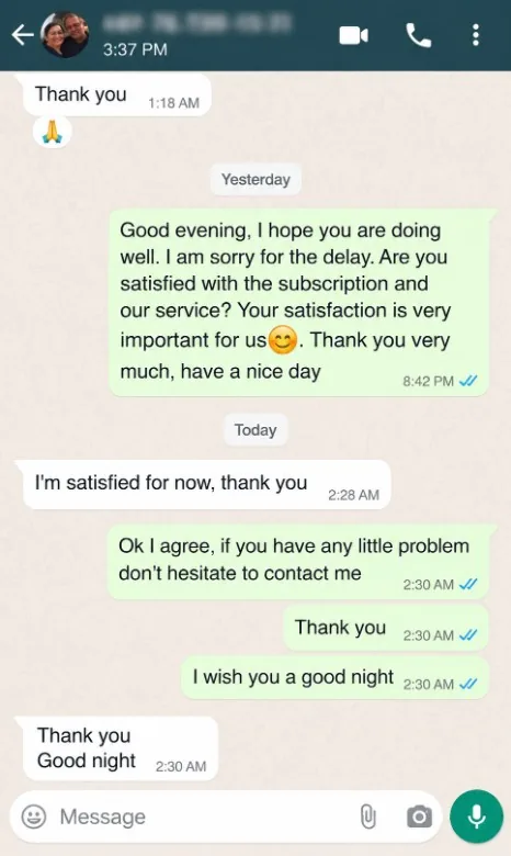 WhatsApp review from a Tivo8K customer
