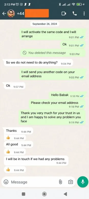 WhatsApp review from a Tivo8K customer