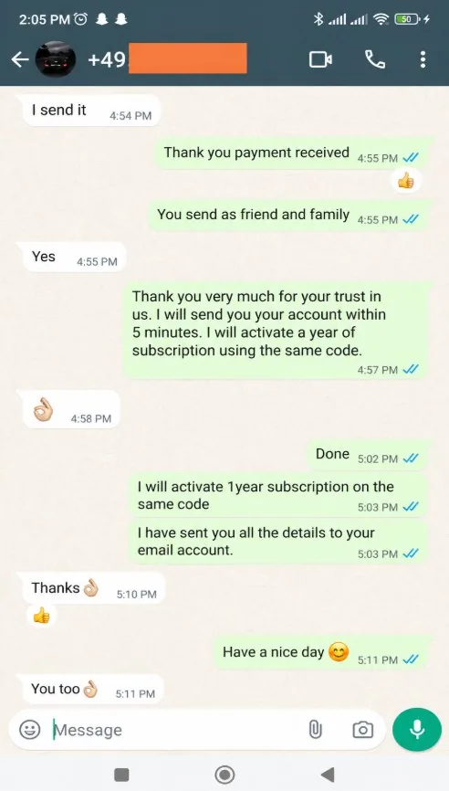 WhatsApp review from a Tivo8K customer