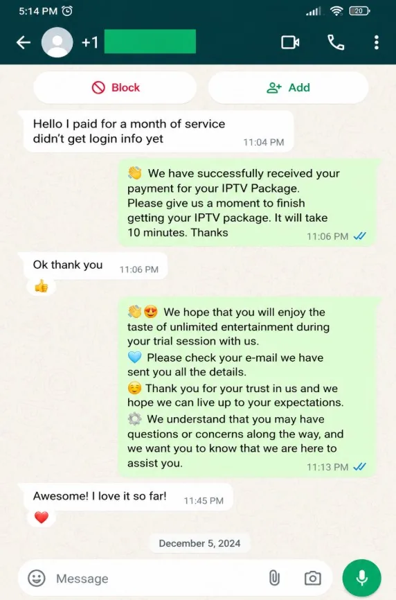WhatsApp review from a Tivo8K customer