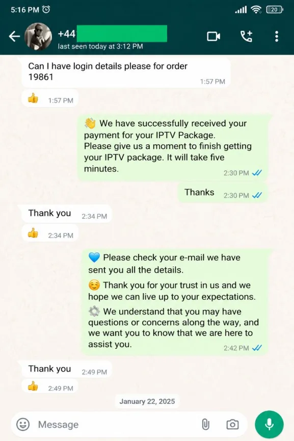 WhatsApp review from a Tivo8K customer